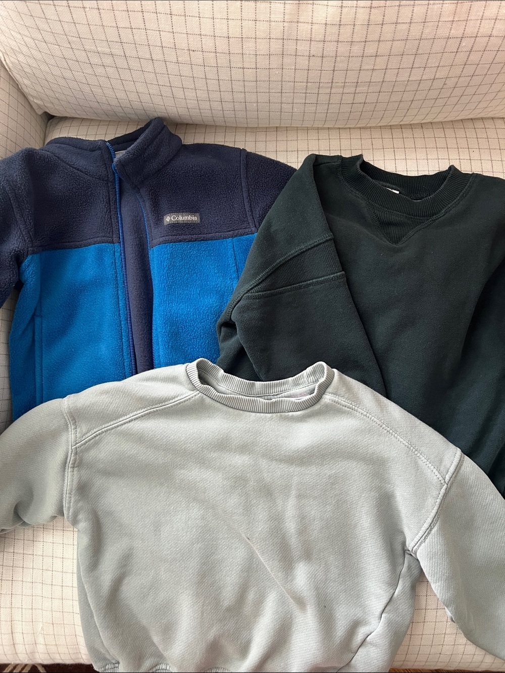 Columbia Blue & Navy Fleece Jacket + Green and Light Gray Sweatshirts